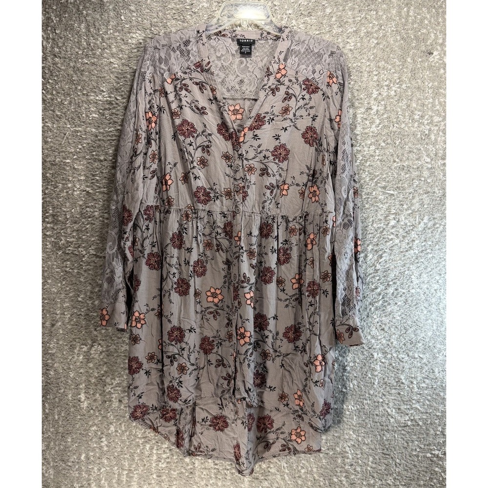 Torrid Womens Hi Low Blouse Gray Floral Button Up Lace Long Sleeve Top 0, L Boho